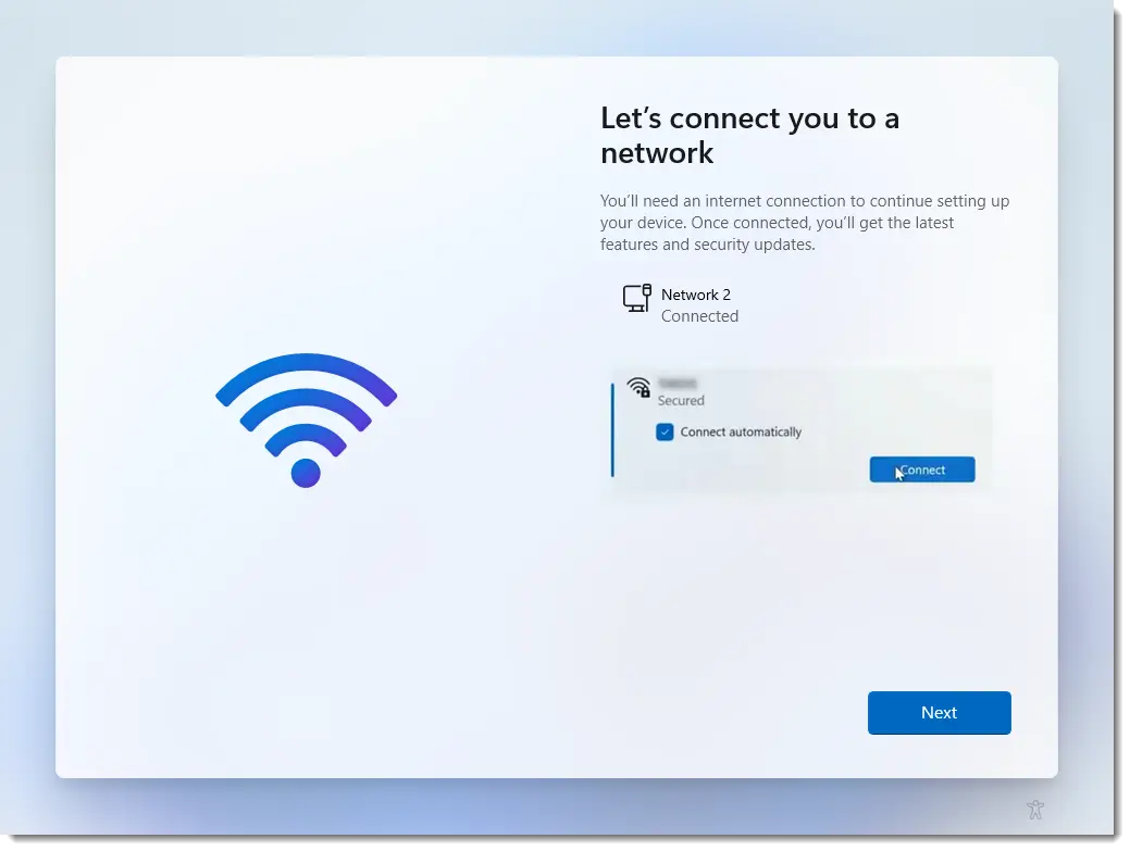 Selecting Wi-Fi network on Windows 11 setup screen