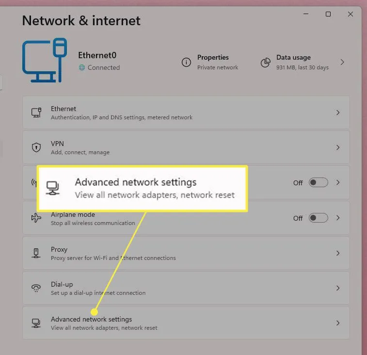 Step 1 of Network reset option in Windows 11 network settings