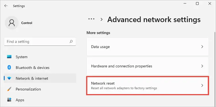 Step 2 of Network reset option in Windows 11 network settings
